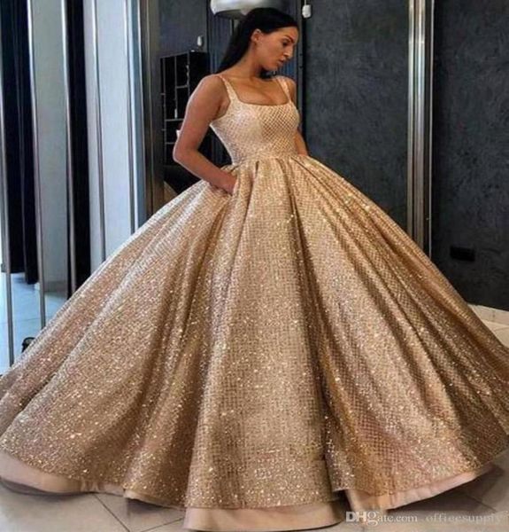 Novo ouro brilhante vestido de baile quinceanera vestidos de noite de luxo vestidos de celebridades lindo pescoço quadrado até o chão vestido de festa de baile5930876