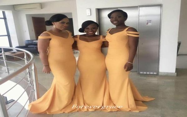 Elegante barato amarelo sereia vestido de dama de honra vneck sul africano vestido de dama de honra casamento vestido de convidado feito sob encomenda plus size6225329