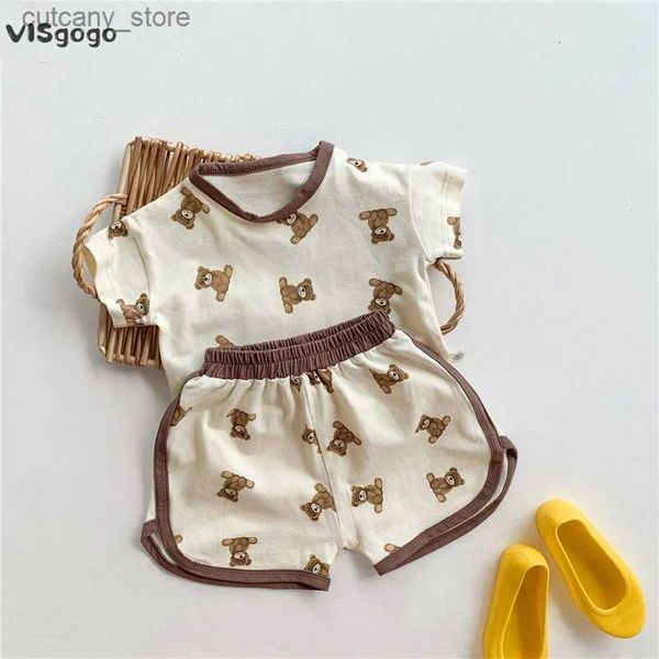 Camisetas Visgogo Bebê Meninas Meninos Roupas de Verão Bonito Urso Impressão Outfit Manga Curta Camiseta Tops Shorts Casual Duas Peças Conjunto L240311