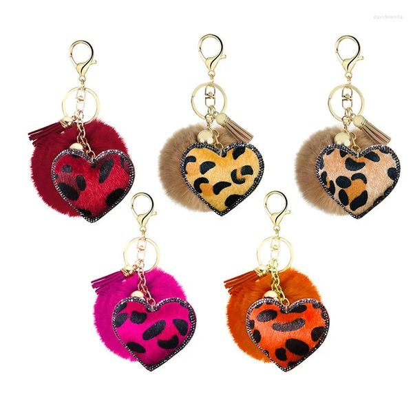 Schlüsselanhänger Niedlicher Strass-Leopard-Herzform-Pom-Schlüsselanhänger Pelzball-Schlüsselanhänger Flauschiger Ring Zubehör Autotasche Charm-Geschenke für Mädchen