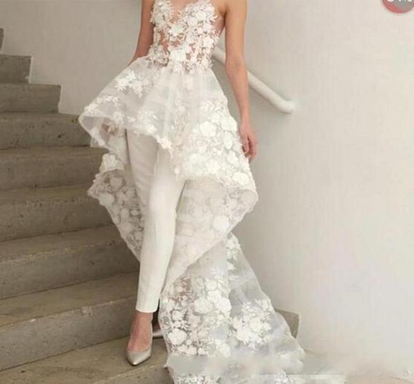 Projetado apliques florais vestidos de casamento 2019 querida pescoço calças femininas terno praia vestidos de noiva varredura trem com flores formal1801992