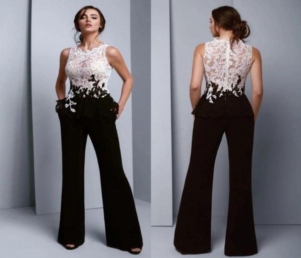 Macacões femininos 2020 vestidos de baile preto e branco renda vestidos de noite com bolsos árabe saudita longo vestido formal sexy pant suit2085504