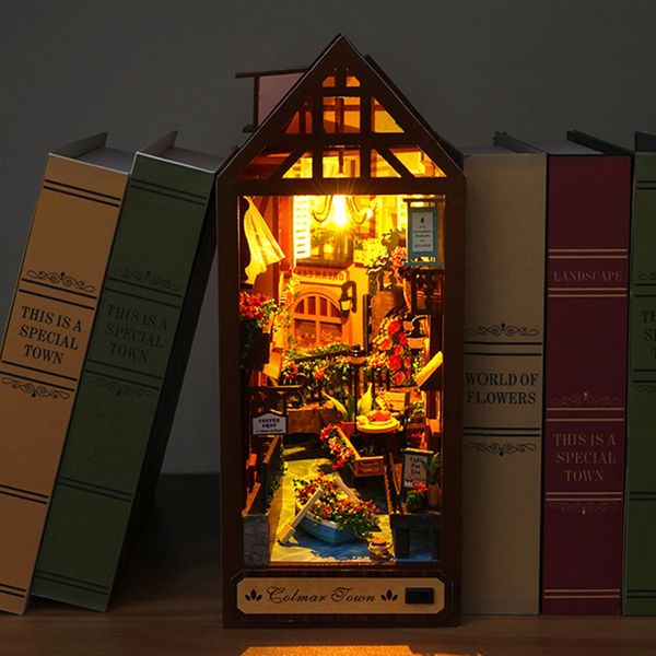 Diy livro canto conjunto 3d quebra-cabeça de madeira móveis e luz led diy mini casa modelo kit para crianças educação precoce adulto 240305