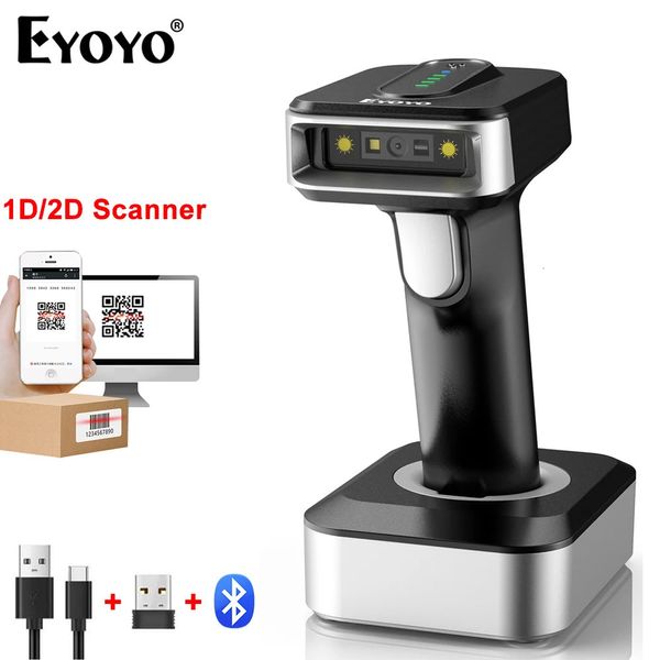 Eyoyo scanner de código de barras com sensor automático, 1d, bluetooth, com indicador de energia de 2500mah, sem fio, leitor de código qr 2d, 4mil 240229