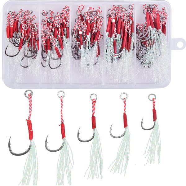 100pcsbox elenco jig assist gancho lento jigging isca baixo ganchos de pesca farpado amarrando anzol com pena gancho de pesca marítima 240226