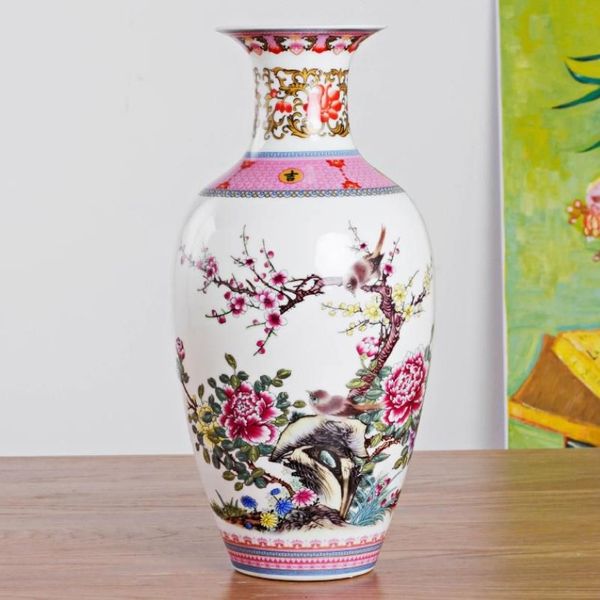 Vasos Antigo Jingdezhen Vintage Vaso de Cerâmica Acessórios de Mesa Artesanato Flor Rosa Porcelana Tradicional Chinese255v