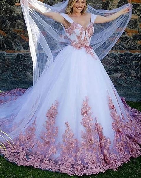 Romantico primavera bianco e rosa abito da sposa lungo una linea con spalle scoperte principessa abiti da sposa applicazioni di pizzo aperto sul retro giardino abito da sposa abiti da sposa 2024