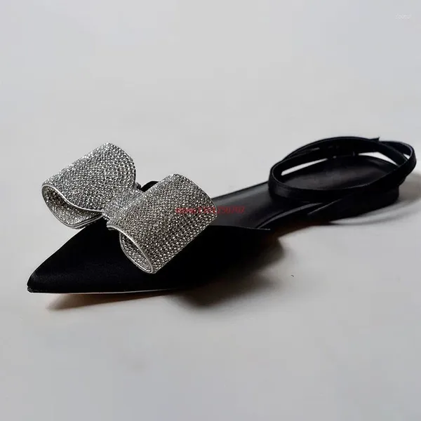 Sapatos de vestido luxo strass bowknot saltos planos moda tornozelo cinta elegante apartamentos para senhoras apontou toe bomba feminina