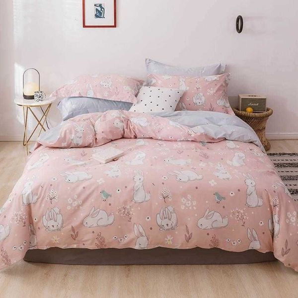 Weißes Häschen-Kaninchen-Rosa-Bettbezug-Set, Baumwollbettwäsche, Doppelbett, Queen-Size-Bett, Bettlaken, Spannbetttuch, Bettwäsche, T200414263H