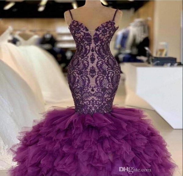 Roxo sereia vestidos de baile com alças finas saia em camadas tule e renda celebridade vestido de noite até o chão sexy 2k19 party1509130