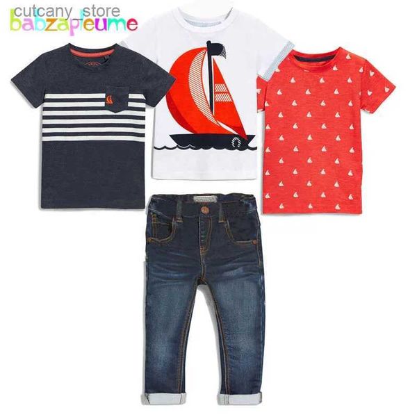 T-Shirts 4Piece Sets Bahar Yaz Bebek Erkek Giysileri Günlük Moda Baskı Kısa Kollu Çocuk Tops+Jeans Çocuk Butik Giyim BC1240 L240311