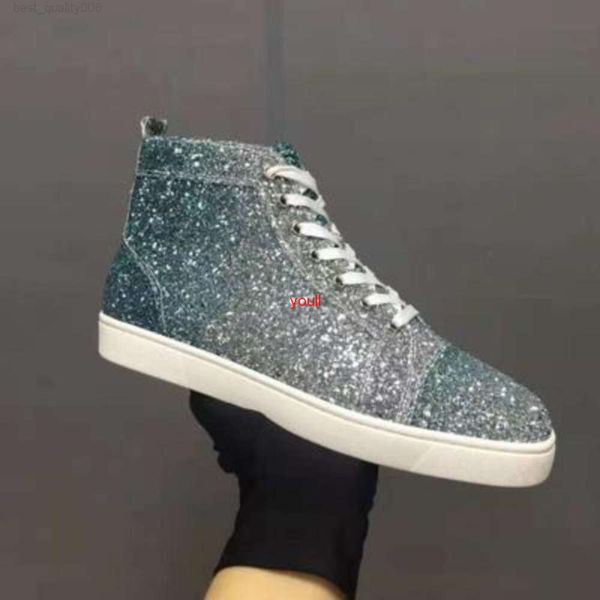 Designer-Plattform-Freizeitschuhe, Luxus-Sneakers, echtes Leder, High-Top-Herren, glitzernde rosa Pailletten, Schnürung, flach, Ed 46, Christiane Loubiton, roter Boden, OBJG