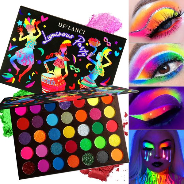 DELANCI Bunte Lidschatten-Palette Neon Glow in Dark Bright 35 Farben Hochpigmentierte Lidschatten-Palette Mattschimmer Glitzerauge 240226