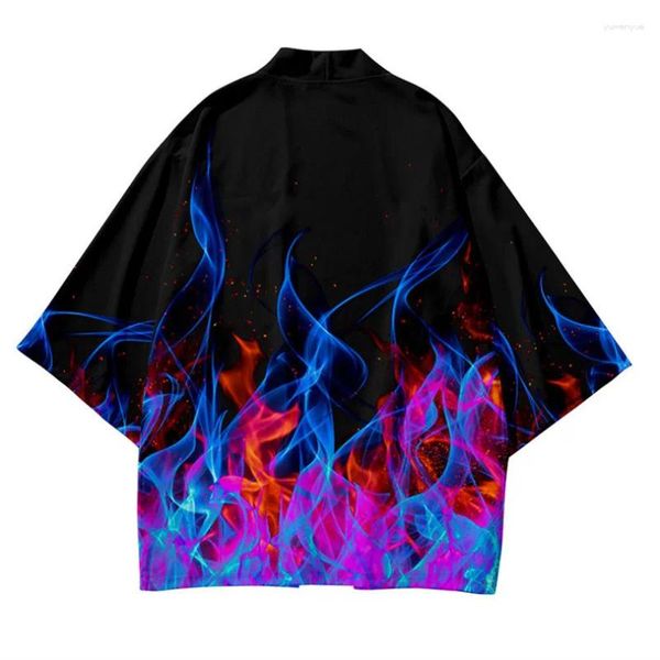 Roupas étnicas estilo japonês vermelho e azul chama 3d impresso cardigan quimono harajuku mulheres homens yukata feminino streetwear tradicional haori