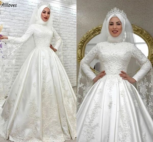 Vestidos de noiva muçulmanos da Arábia Saudita com mangas compridas gola alta renda frisada elegante cetim uma linha vestidos de noiva trem de varredura mulheres noiva vestidos de novia CL3376