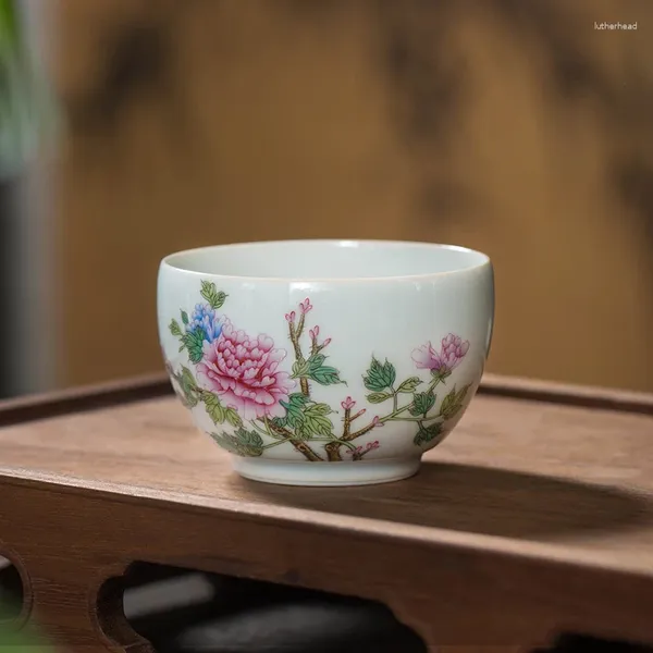 Set da tè in porcellana smaltata con peonia, coppia di tazze, tazza da tè, tazza da tè, set Jingdezhen dipinto a mano singolo