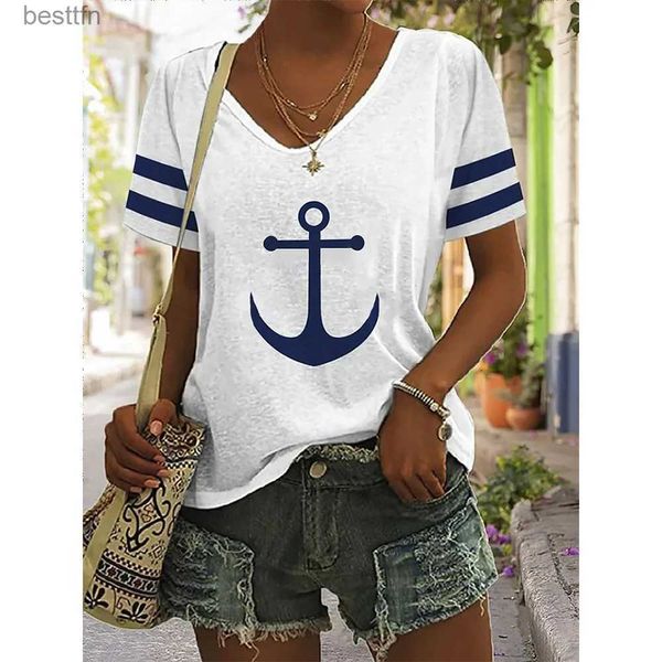 T-shirt das mulheres Camisetas de verão Mulheres Camiseta Curta Sle Tops Anchor Roupas Gráficas Ryday Streetwear V-Pescoço Pulôveres para Mulheres Tees 2023 240311