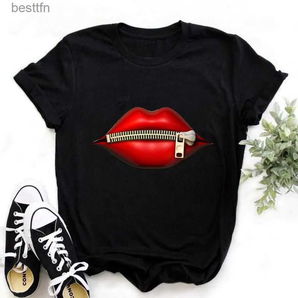 T-shirt das mulheres Mulheres Harajuku Tops Verão Tops Gráfico Tees Mulheres Lábios Kaii T-shirt Roupas Menina Mouse Camiseta Drop Shipping 240311