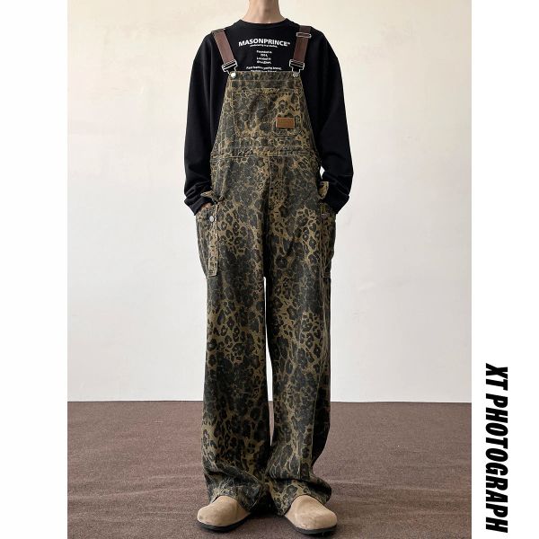 2024 männer Retro Casual Hosen Leopard Muster Lose College Stil Overalls Arbeiten Hosen Salopettes Strampler Overall