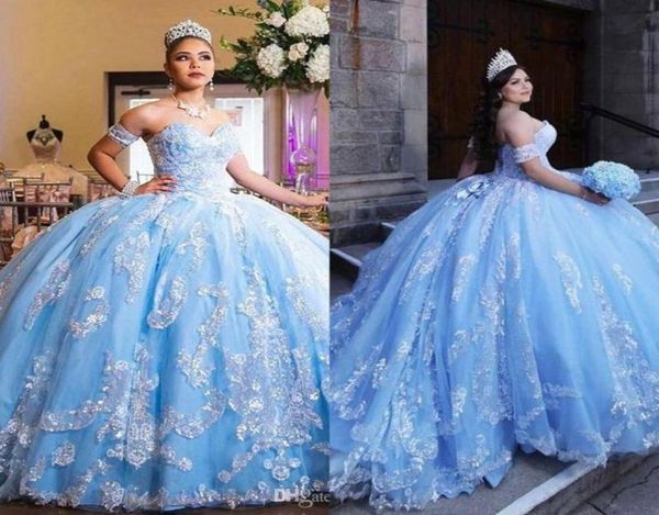 Небесно-голубые съемные рукава Пром платья Quinceanera Дешевые бальные платья 2023 Корсет без бретелек Назад Кружевная аппликация Многоуровневая юбка Тюль 2432918