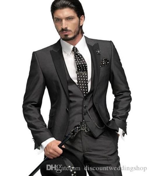 Personalizza la moda grigio antracite smoking dello sposo risvolto picco uomo abito da ballo festa di nozze 3 pezzi abiti da lavoro giacca pantaloni gilet T9870516