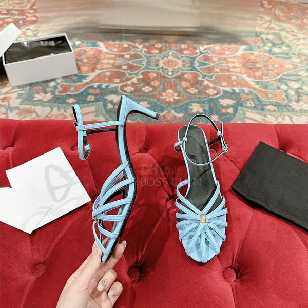 En kaliteli yaz gladyatör stiletto sandaletler metal toka yavru kedi topuklu ayak bileği kayış elbise ayakkabıları lüks tasarımcı topuklu kadın parti akşam yemeği iş ayakkabıları kutu