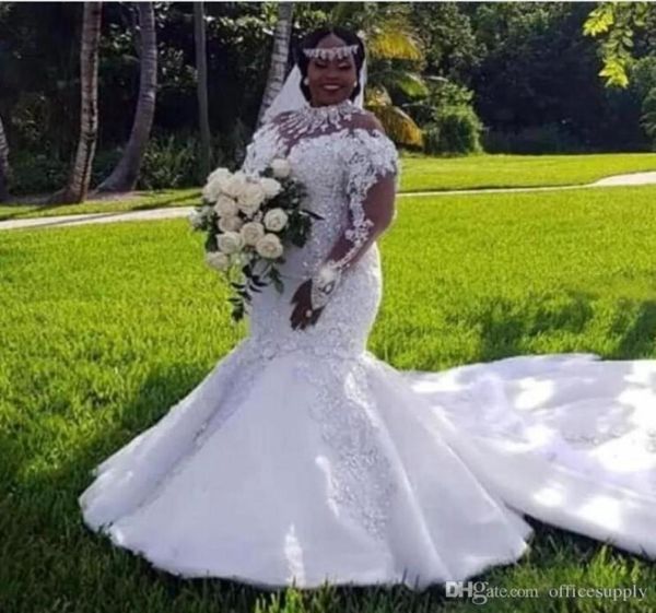 Vestidos de noiva africanos plus size vestidos de casamento decote alto ilusão manga longa apliques frisado sereia tribunal train3367832