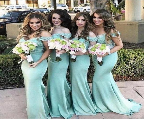 Verão país hortelã verde chiffon bainha vestidos de dama de honra fora do ombro rendas sem costas vestidos de convidado de casamento longo barato empregada de hono5115066