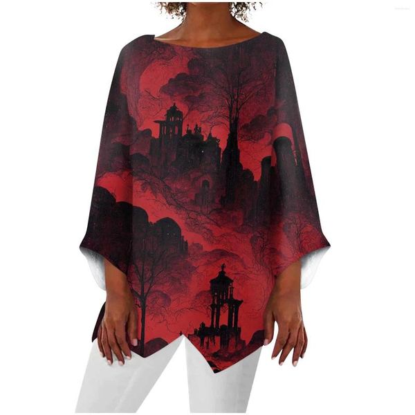 Mulheres Camisetas 2024Women's Moda Halloween Impressão Redondo Pescoço Nove Quarto Manga Irregular Hem T-shirt Top Trajes para Mulheres