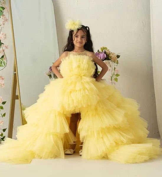 Mädchenkleider Puffy Prinzessin Kleid Maßgeschneiderte Blume Sheer Neck Ärmellos Mädchen Erstkommunion Kind Größe 1-14T