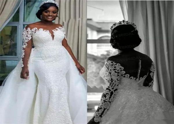 Neues bescheidenes Plus-Size-Hochzeitskleid mit langen Ärmeln, Illusion, Meerjungfrau, abnehmbarer Rock, Spitze, Brautkleid, nigerianisches afrikanisches Vestid9703363