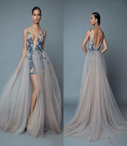 Abiti da ballo sexy in argento a fessura alta Berta con spalline senza schienale in stile bohémien con abiti da sera lunghi in rilievo di pizzo blu scuro aderenti Coc9984232