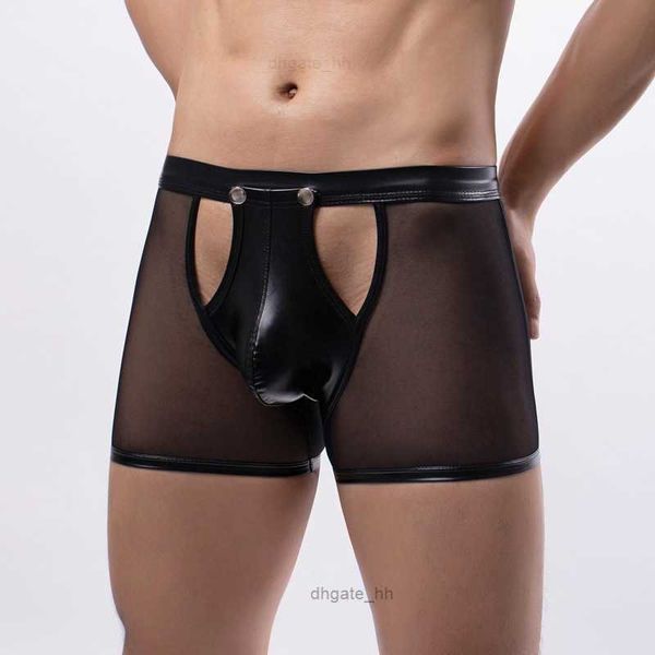 Roupa interior masculina malha transparente boxers shorts homme calcinha homem couro falso destacável fivela bolsa cuecas