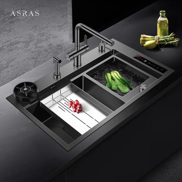 Asras ultrasonik akıllı arındırıcı mutfak adası lavabolar 4mm panel el yapımı çift lavabo nanometre akıllı arıtma lavaboları