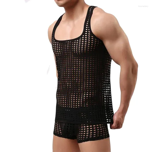 Tanques masculinos KWAN.Z Roupas Roupa interior Sexy Colete Top Casual Home Wear Net Body Undershirt Hollow Men Singlet