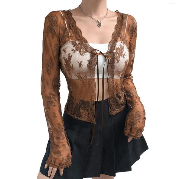 Blusas femininas sexy sheer encolher casual manga longa amarrar floral rendas recortadas cardigan