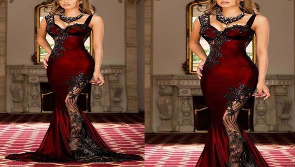 abiti da ballo a sirena bordeaux 2019 scollo a cuore applicazioni in pizzo perline paillettes fiori abiti da sera in velluto da sera lunghi dr6226130