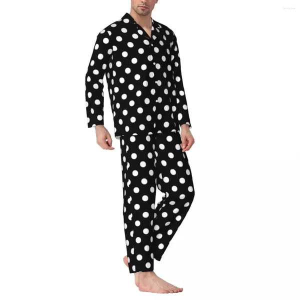 Мужская одежда для сна, пижамы, мужские черно-белые пижамы в горошек для сна, классический комплект с пятнистым принтом, комплект из двух предметов в стиле ретро, домашний костюм оверсайз с длинными рукавами