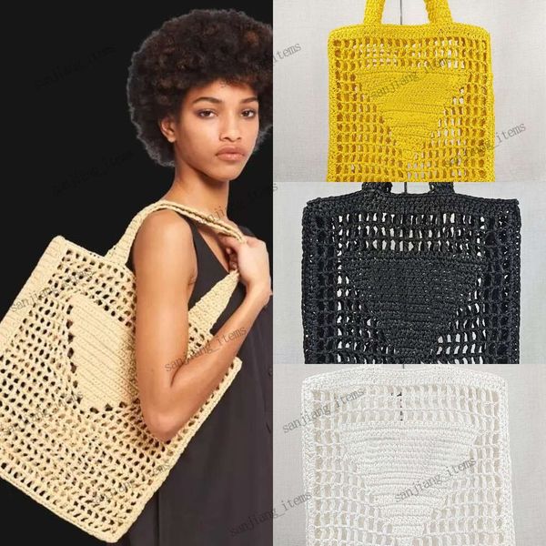 Moda şık fiber saman dokuma tote kadın tasarımcılar çanta 2024 yaz plaj seyahat kova çantaları büyük boyut katlanabilir alışveriş çantası üçgen depolama torbaları