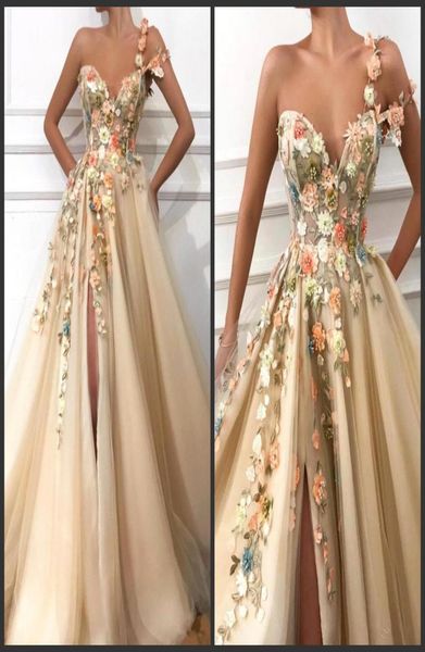 2019 Neues One-Shoulder-Tüll A-Linie Langes Ballkleid mit 3D-Blumenspitze und Perlenapplikation, geteilt, bodenlang, formelles Party-Abendkleid 4786684