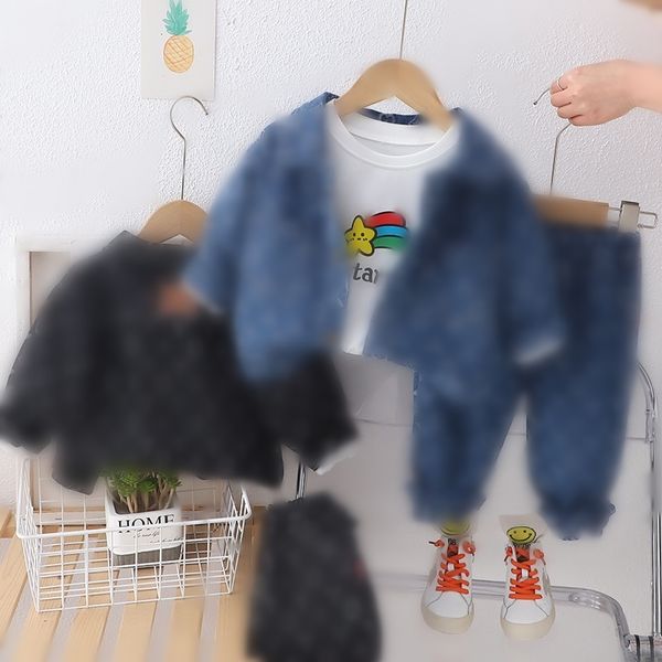 Criança crianças floral jacquard denim roupas conjuntos meninos lapela manga longa jaqueta impressa camiseta jeans 3pcs 2024 primavera crianças roupas casuais z7012
