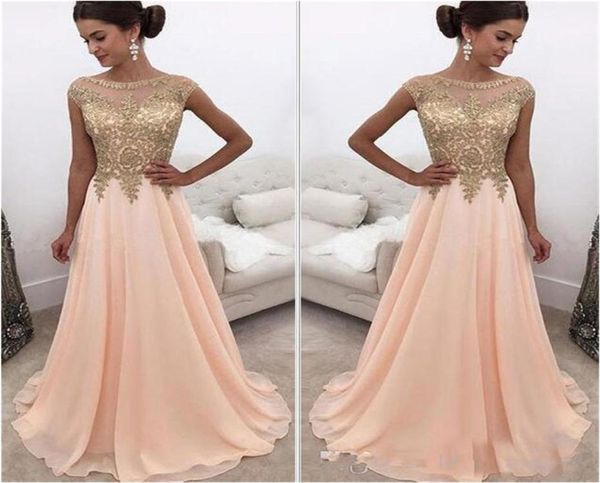 2020 Arabische Abendkleider, A-Linie, formelle Kleidung, transparenter U-Ausschnitt, Chiffon, lange Ballkleider mit goldenen Perlenapplikationen9240184