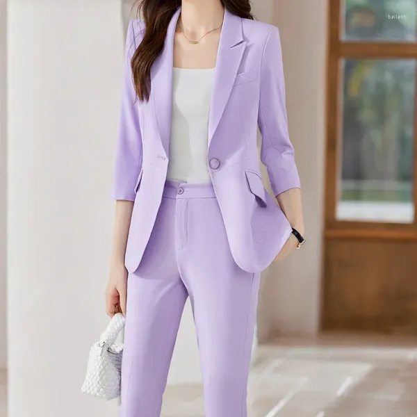 Damen Zweiteilige Hose Dreiviertelärmel Lila Anzugjacke Sommer Dünne formelle Arbeitskleidung für den Arbeitsplatz High-End-Geschäftskleidung