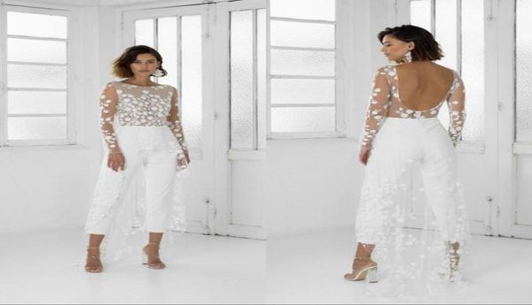 Macacão branco praia vestidos de casamento jóia pescoço manga longa sem costas tornozelo comprimento roupa nupcial rendas verão vestidos de casamento 6087939