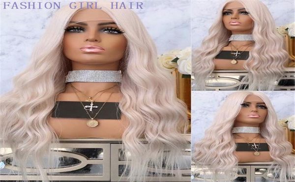 Moda Platinum Blonde Middle Part 13x4 Lace Front Simulação Perucas de Cabelo Humano Onda de Água Glueless Full Lace Wigs Branqueados Nós F6000175