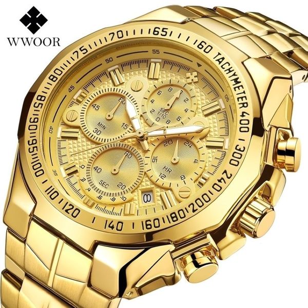 WWOOR Luxus Gold Herren Uhr Top Marke Sport Große Uhren Für Männer Wasserdichte Quarz Datum Armbanduhr Chronograph Männlich Reloj Hombre t263m