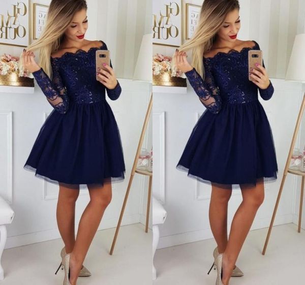 Abiti da festa corti con spalle scoperte con maniche lunghe con paillettes applique drappeggiato abito da ballo abito da cocktail abito da ritorno a casa economico blu navy 5723714