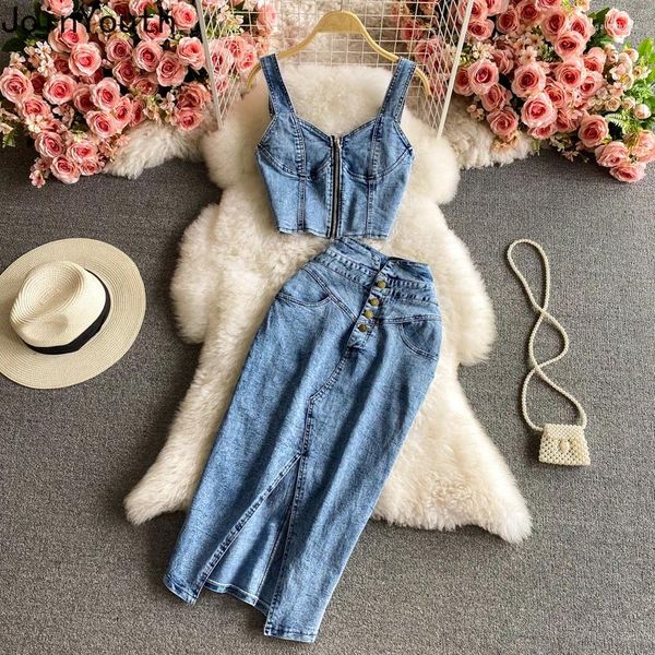 Abiti da lavoro Abbigliamento estivo Moda Set a due pezzi per le donne Cerniera Gilet sexy Vita alta Aderente Gonna lunga Abiti Casual Abito in denim Y2k