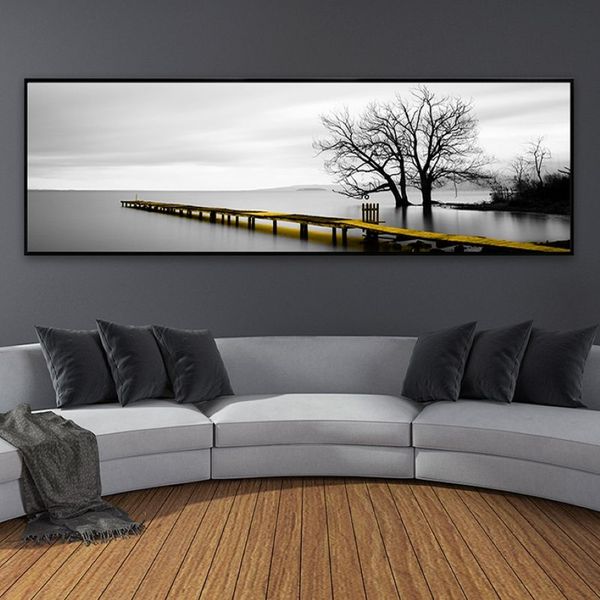 Superficie del lago calmo Lungo ponte giallo Scena Nero Bianco Dipinti su tela Poster Stampe Immagini di arte della parete Soggiorno Decorazioni per la casa216i