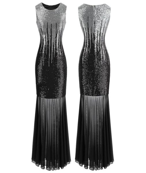 Angelfashions Donna Classico Argento Nero Paillettes Tulle Trasparente Maxi Tubino Abito da Sera Cocktail Vintage Party 4582551495